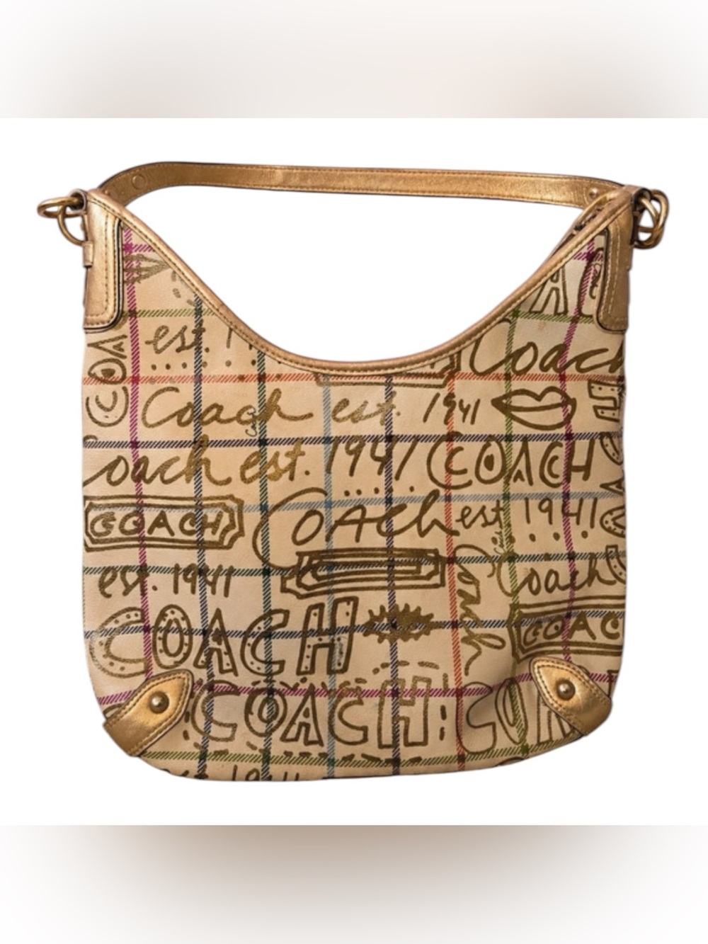 1244 Coach Poppy Beige Graffiti Print Hobo Bag with Gold Trim 20842191244
